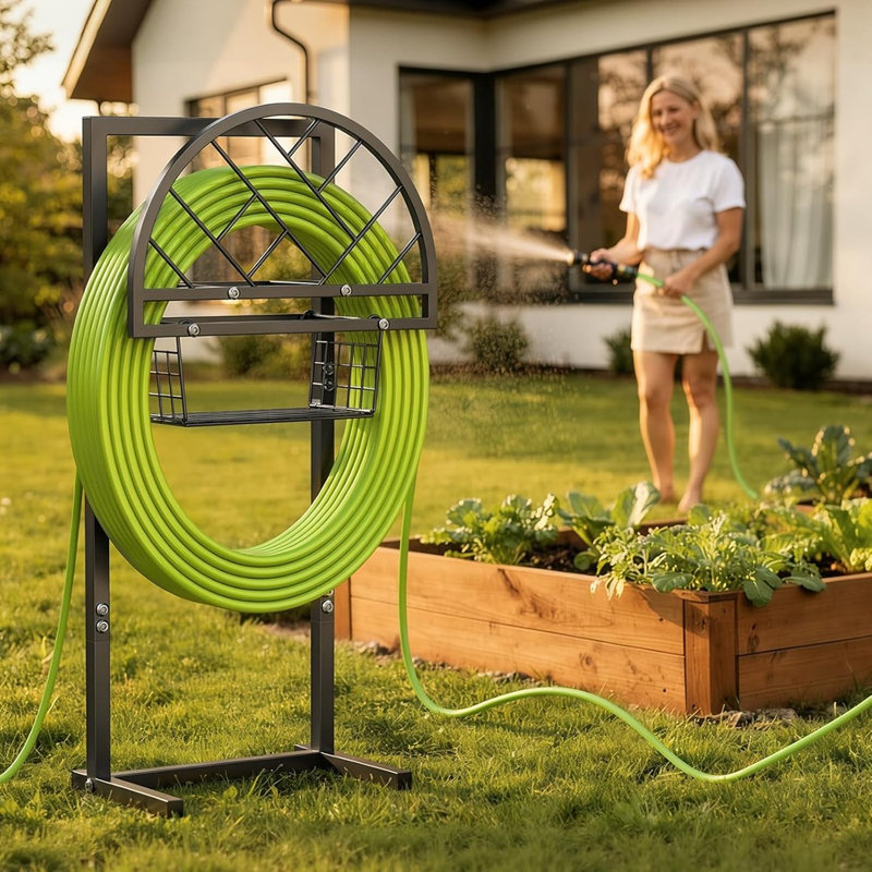 Support de boyau d'arrosage autoportant robuste avec panier de rangement - support de boyau d'arrosage en métal avec 4 pointes, pouvant contenir jusqu'à 165 pi de boyaux, organisateur de jardin et de pelouse extérieur