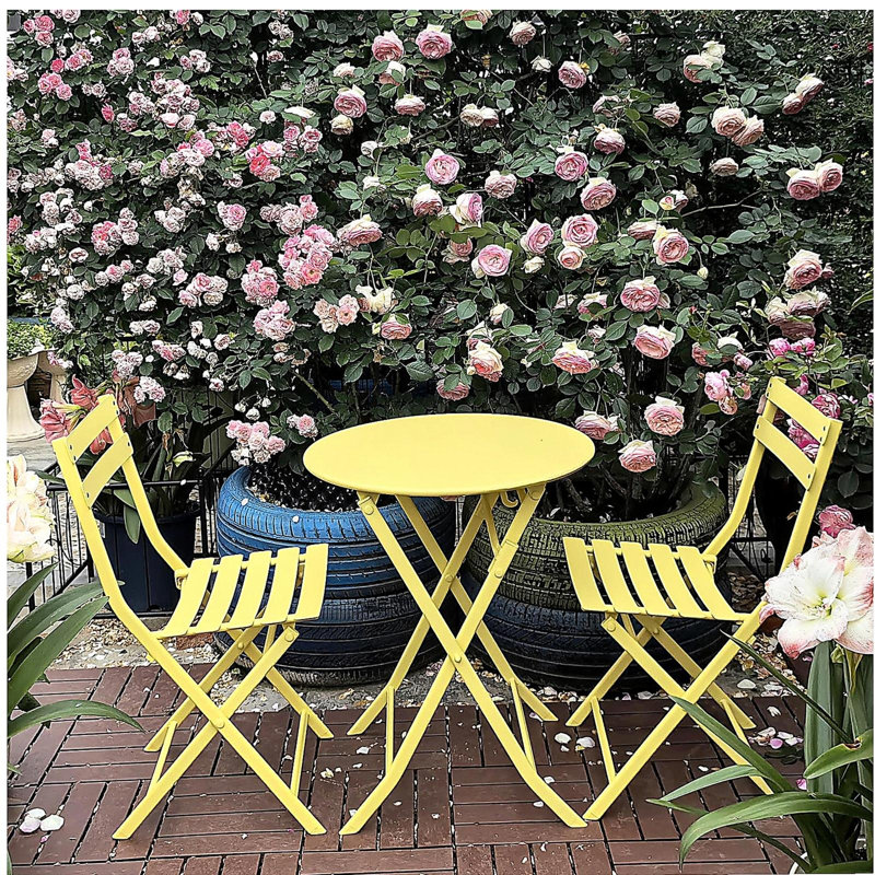 3 Piece Patio Bistro Set of Foldable Round Table and Chairs, Yellow, Yellow