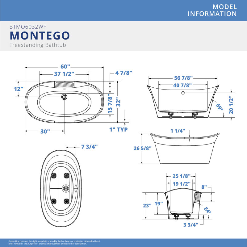 DreamLine Montego 60 in. L x 27 in. H White Acrylic Freestanding Bathtub