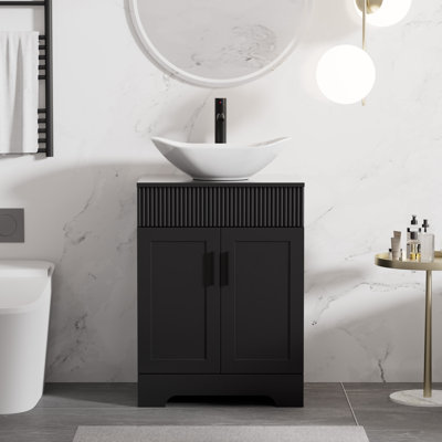 Akron 24" Freestanding Single Bathroom Vanity Set With Manufactured Wood Top, Vessel Sink, Faucet And Drain, Hand Painted Water-Resistant