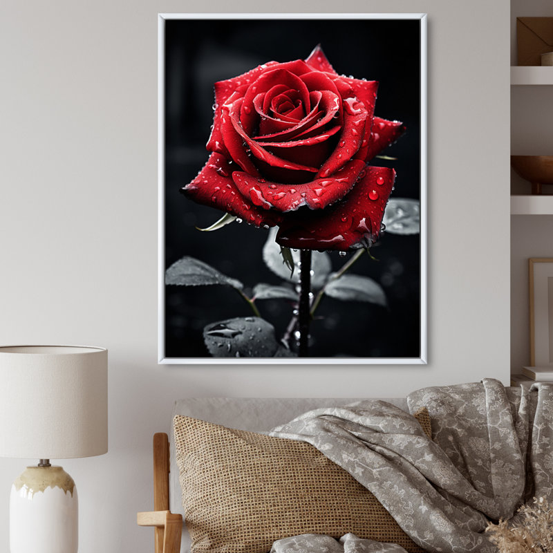 «Daryle Red Black Rose Elegance II», reproduction sur toile, Cadre flottant blanc, H 44 po x l 34 po x P 1,5 po