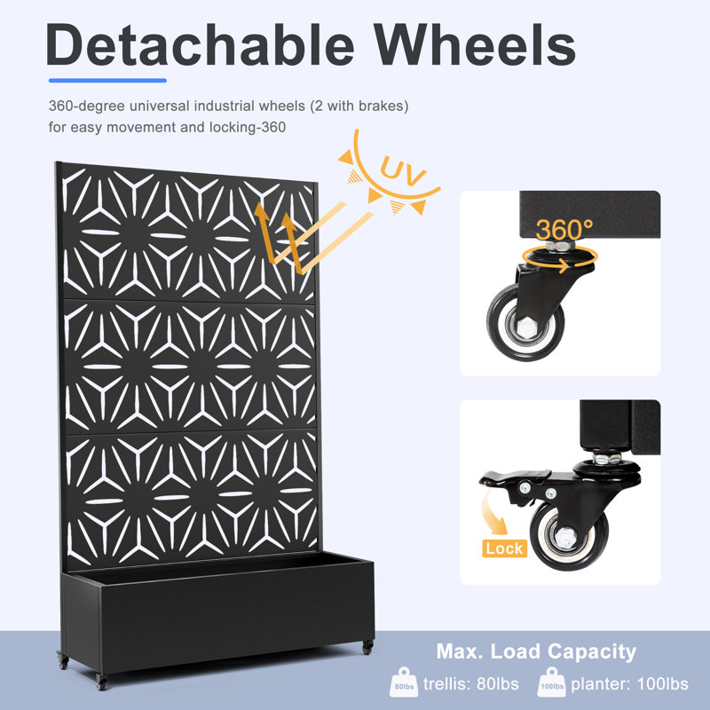 Metal Planter Wall with Trellis and Wheels, Rolling Raised Garden Bed with Privacy Screen, Outdoor Vertical Planter Box for Climbing Plants, Vegetables & Flowers, Weather-Resistant Metal