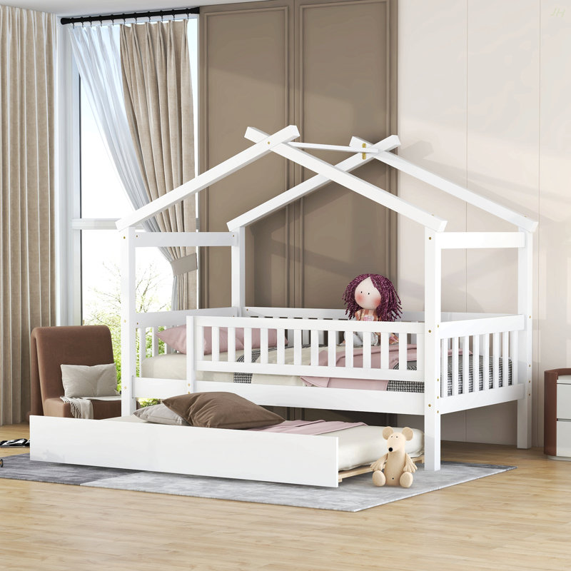 Twin Size Wooden House Bed With Twin Size Trundle, White