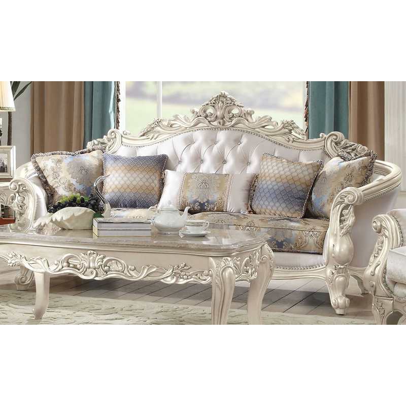 Elegant Antique White Floral Tufted Sofa with Nailhead Trim