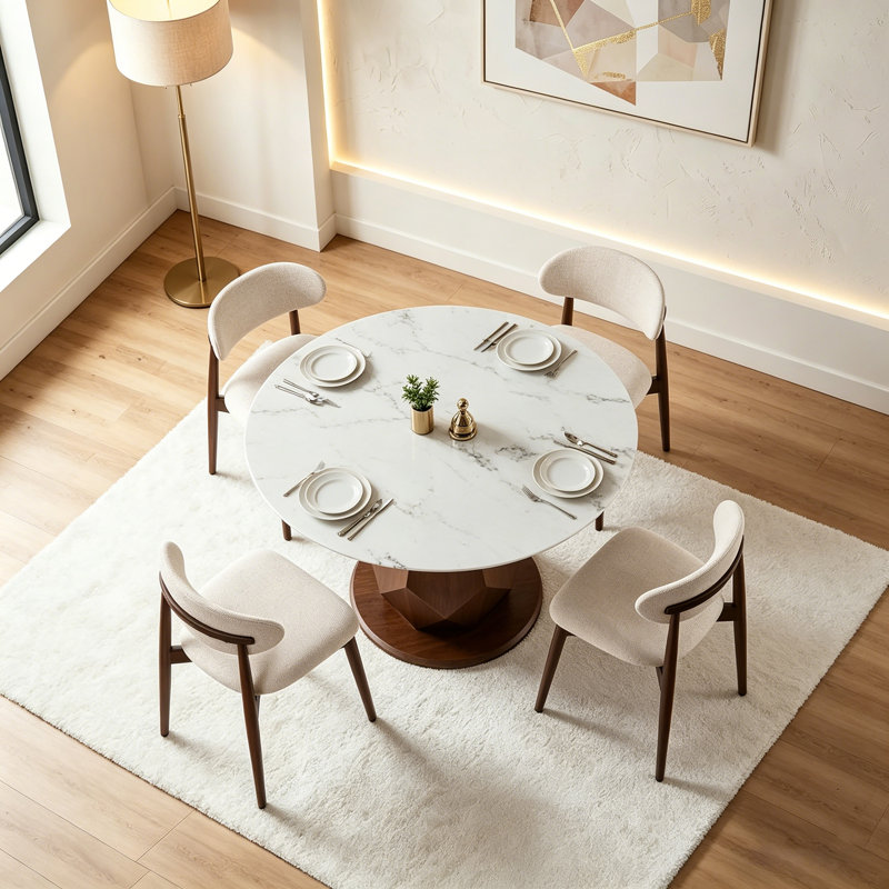 Set Of 4 Dining Table Set, Modern 44.8" Round Engineered Stone Dining Table With 4 Upholstered Dining Chairs