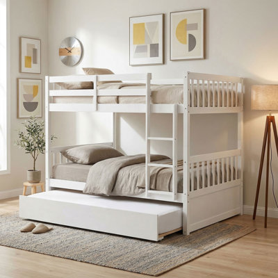 Solid Wood Full-Over-Full Bunk Bed With Pull-Out Twin Size Trundle, Space-Saving Triple-Sleeper With Double Full-Size Bedsteads, Reinforced Safety Guardrails