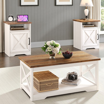 Chiara 3 - Piece Farmhouse Living Room Table Set,Barnwood/Distressed White