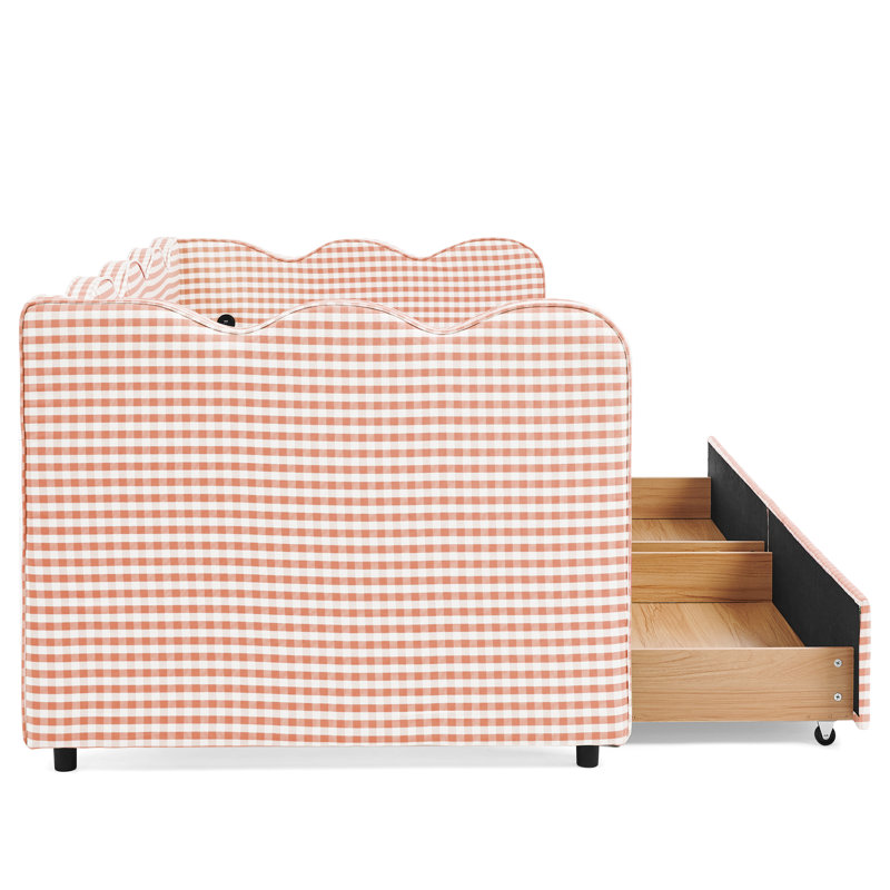 Twin Size Daybed with Two Storage Drawers, Cozy Gingham Sofa Bed with USB Port and Wave Shaped Linen Fabric, Pink, Twin, Pink