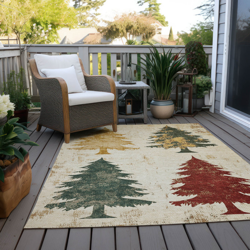 Ivory Synthetic 5' x 7' Washable Rectangular Rug with Tree Design