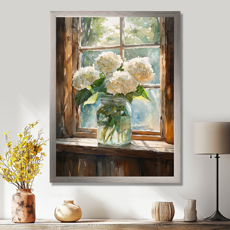 Ched Hydrangeas par la fenêtre - impressions murales florales, Argent argent, H 32 po x l 24 po