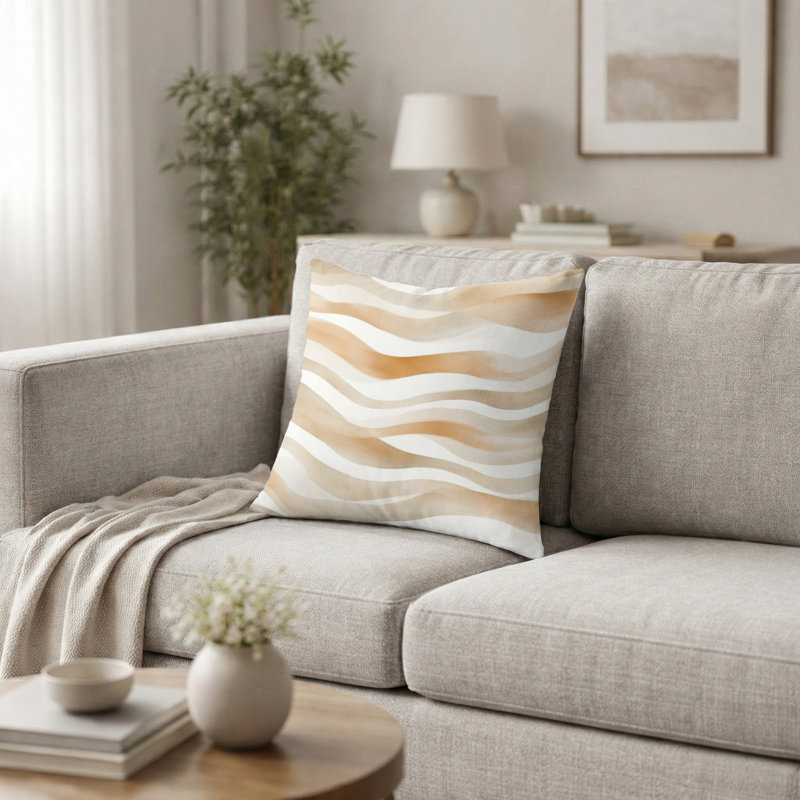 Coussin décoratif à rayures - Coussin imprimé vagues modernes beige et orange, H 16 po x l 16 po