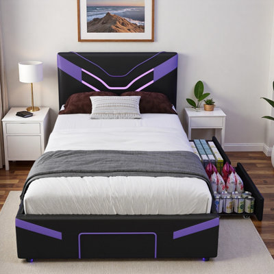 Upholstered Gaming Bed with LED Lights, 2 Steel Drawers and Storage Shelf