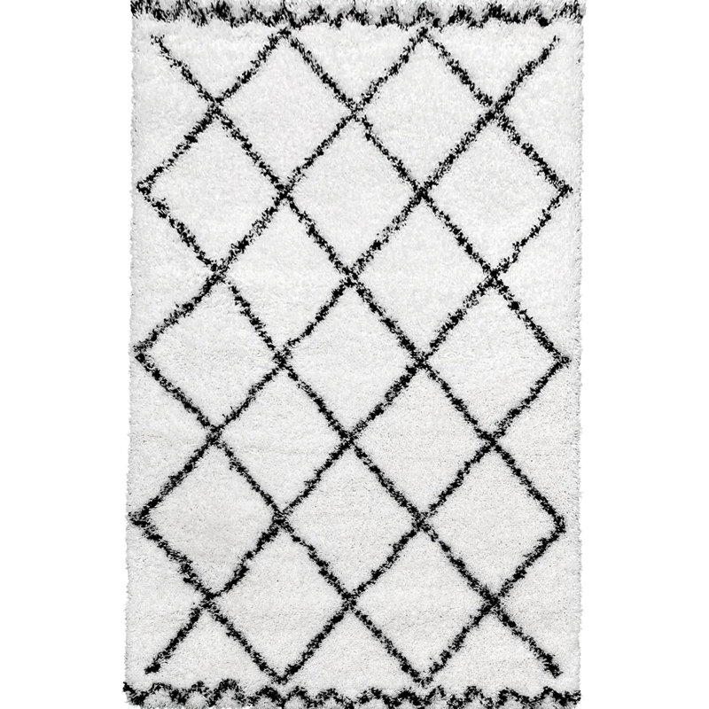 Tapis géométrique tissé à plat en polypropylène blanc / gris Haylee, Rectangle 6 pi 7 po x 9 pi 6 po