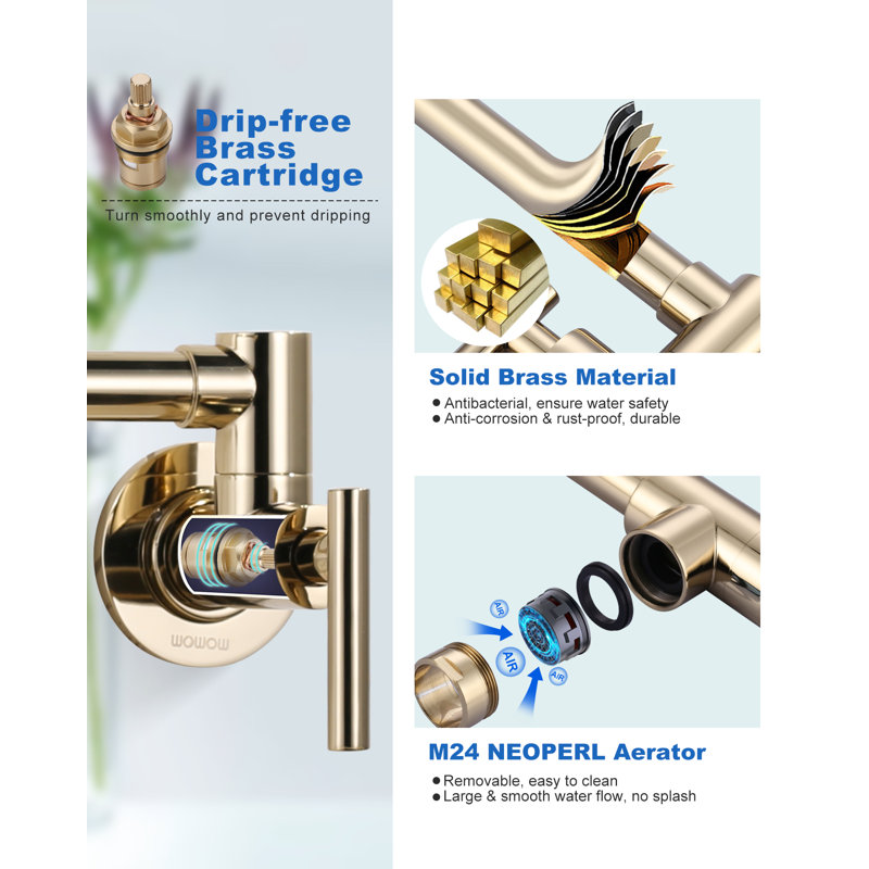 Commercial Wall Mount Brass Pot Filler Faucet with Double Joint Swing Arms, Polished Brass