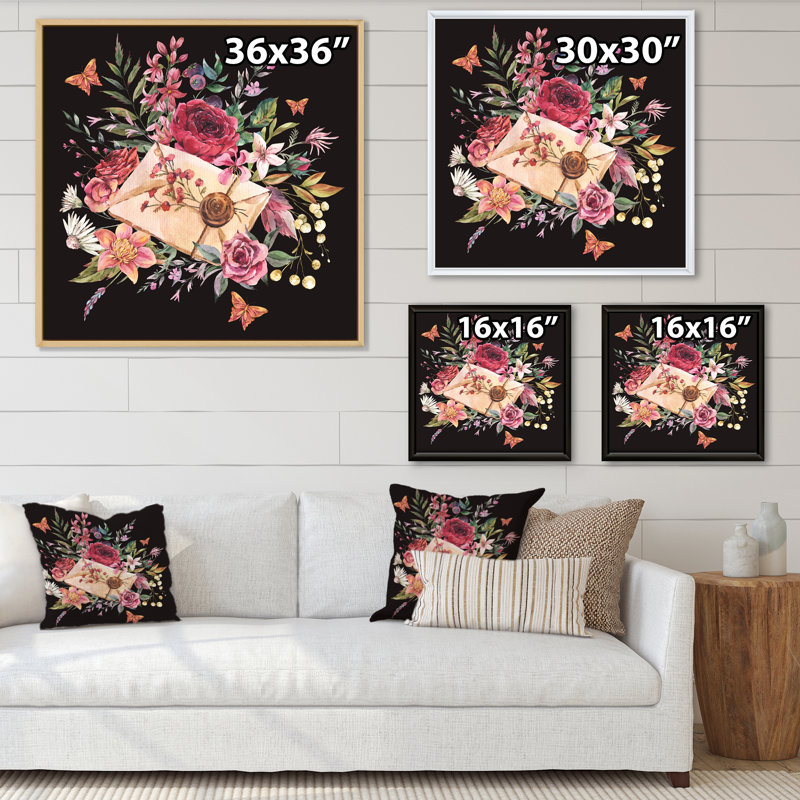 Lettre rétro vintage avec fleurs - peinture sur toile, H 16 po x l 16 po x P 1 po, Cadre flottant noir