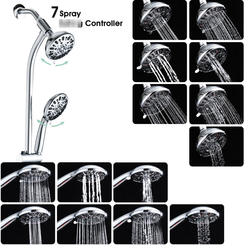 Pomme de douche à pluie à barre coulissante en acier inoxydable - Système de spa à double pomme de douche à 7 réglages avec tête en ABS de 5 po, fixation murale, barre de finition, 7 modèles de jet, débit de 1,8 gal / min
