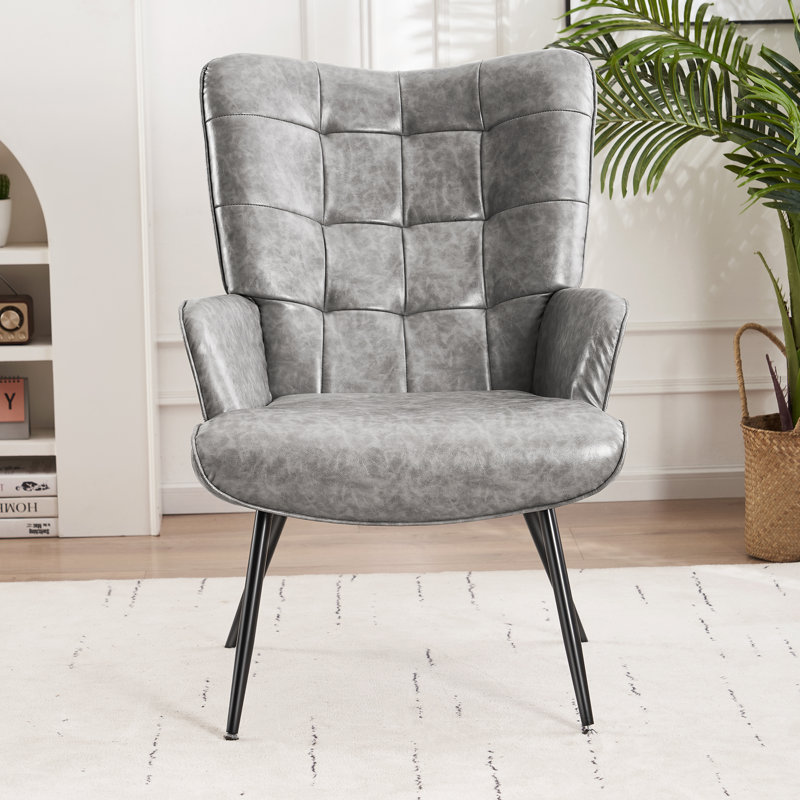 Shaftsbury Tufted Wingback Chair, Gray Faux Leather, Black