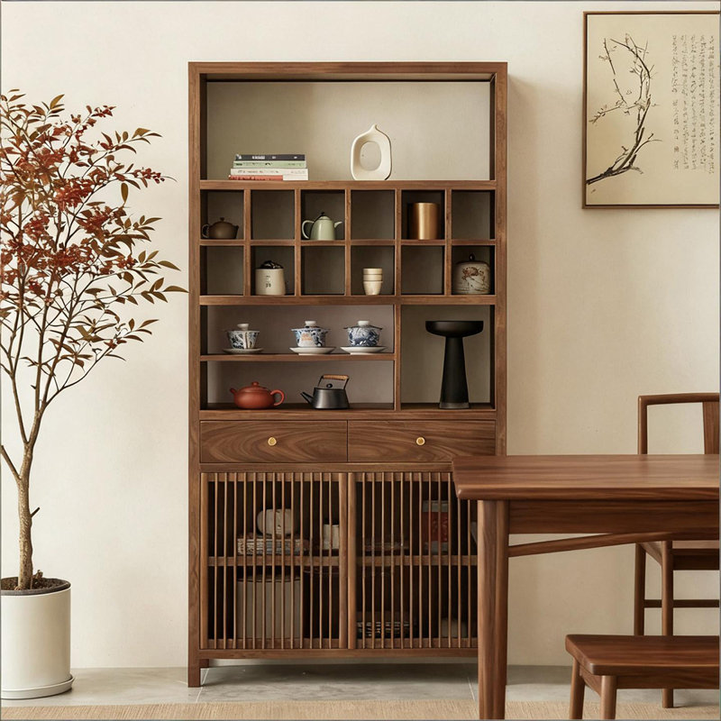 Vitrine de 37,4 po en bois massif brun de style chinois pour services à thé et autres articles
