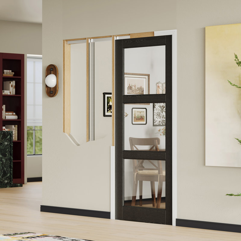 Ensemble de cadre de porte à gousset pour murs à montants 2 x 4 - Système de quincaillerie coulissante à fermeture en douceur avec porte en verre transparent 3-Lite noir incluse