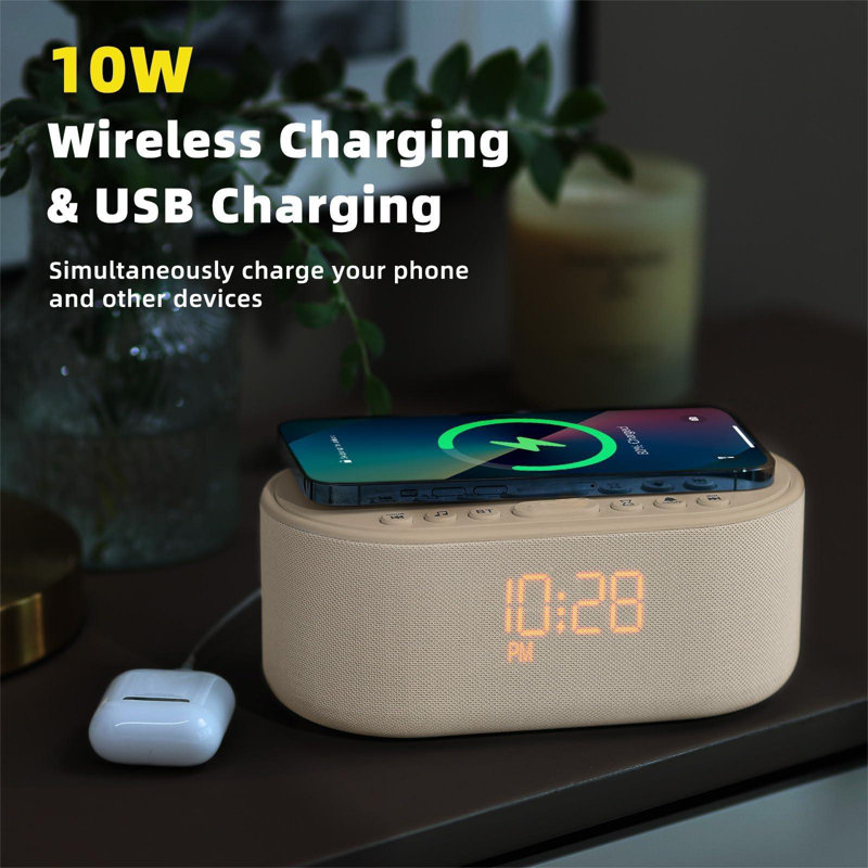 Réveil-matin Sound Machine pour chambres à coucher: Haut-parleur stéréo Bluetooth 10W avec charge sans fil - Machine à bruit blanc pour dormir avec 21 sons apaisants - Mastic