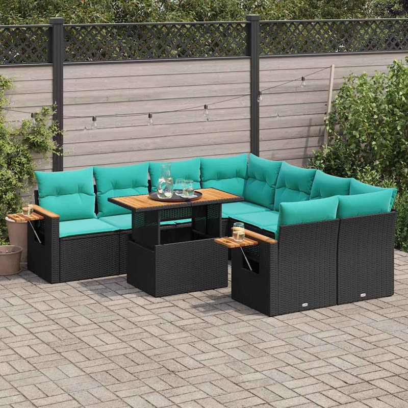  Ensemble de canapé de patio 9 pièces avec coussins en rotin de polyester noir