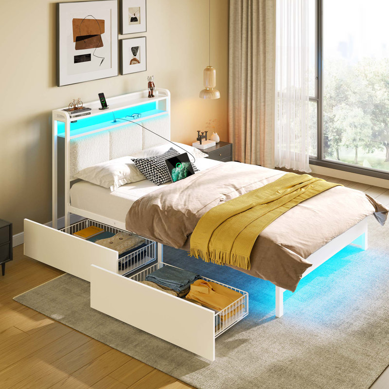 Bed with Headboard and Power Outlets, Upholstered bed with 4 Drawers and RGB LED Lights, Off White, Twin/Single