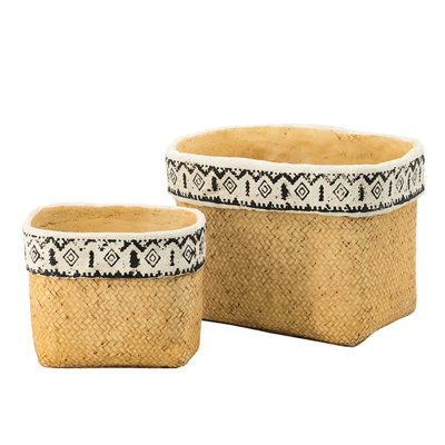 Geometric Trim Brown Multi Rectangular Basket Planters Of 2 Cement For Indoors Or Outdoors Use, L:10.4X8.7X7.9 S:7.3X5.5X5.9 Inches, 12.1 Lbs Decor,