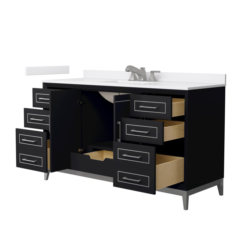 Marlena Freestanding Single Bathroom Vanity with Cultured Marble Top, Black, Brushed Nickel, 60"