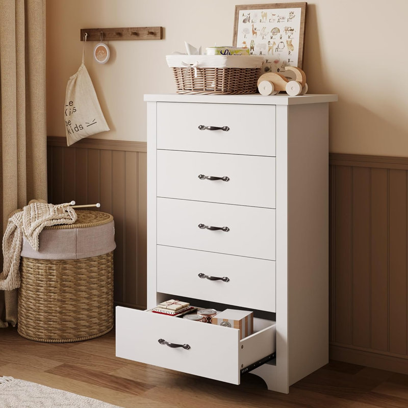 Commode 5 tiroirs pour chambre à coucher, commode en bois, commodes modernes pour chambre à coucher, salon, placard, Blanc