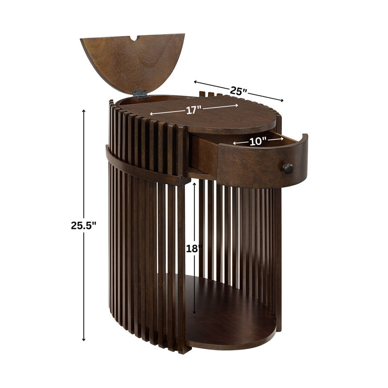 Estie Wood Slatted Chairside End Table With Charging Station, Espresso