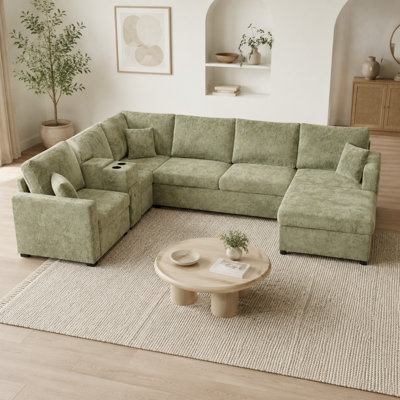Canapé modulaire en U en chenille 5 places avec console, rangement, porte-gobelets et tiroir Velmoraine
