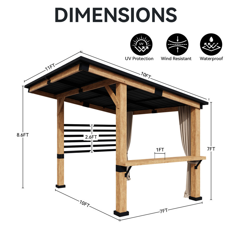 11 Ft. X 10 Ft. Solid Wood Patio Gazebo With Bar Counter