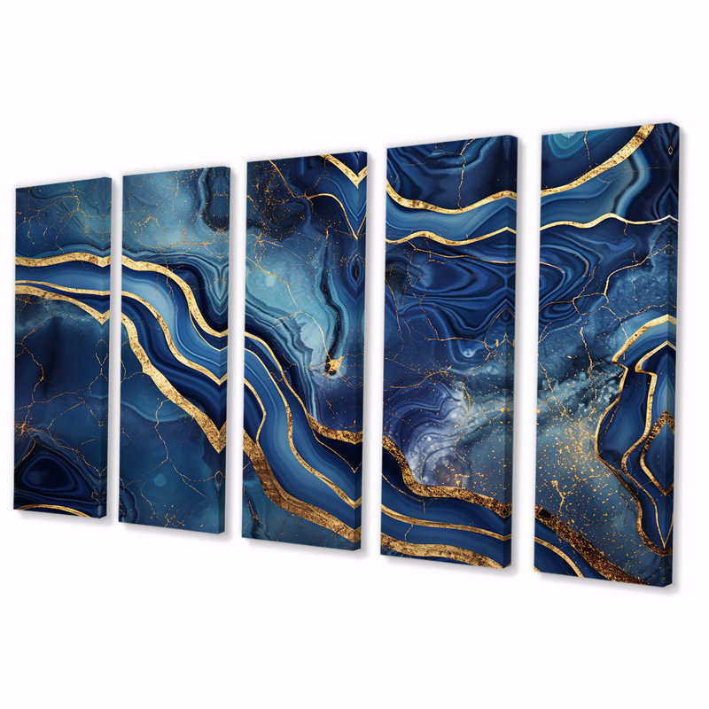 «Blue and Gold Abstract Marble Mirage III», ensemble d'art mural 5 pièces, H 32 po x l 80 po