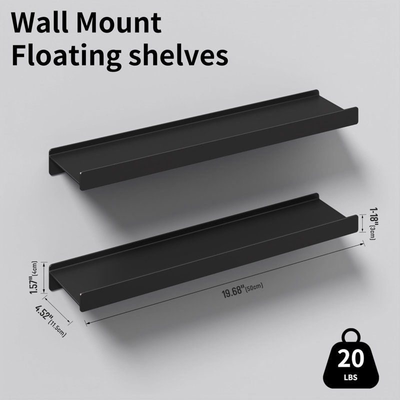 Tablettes flottantes pour le mur, tablettes murales avec rebord pour le rangement, tablettes en métal pour la décoration intérieure, paquet de 2 noir de 20 pouces