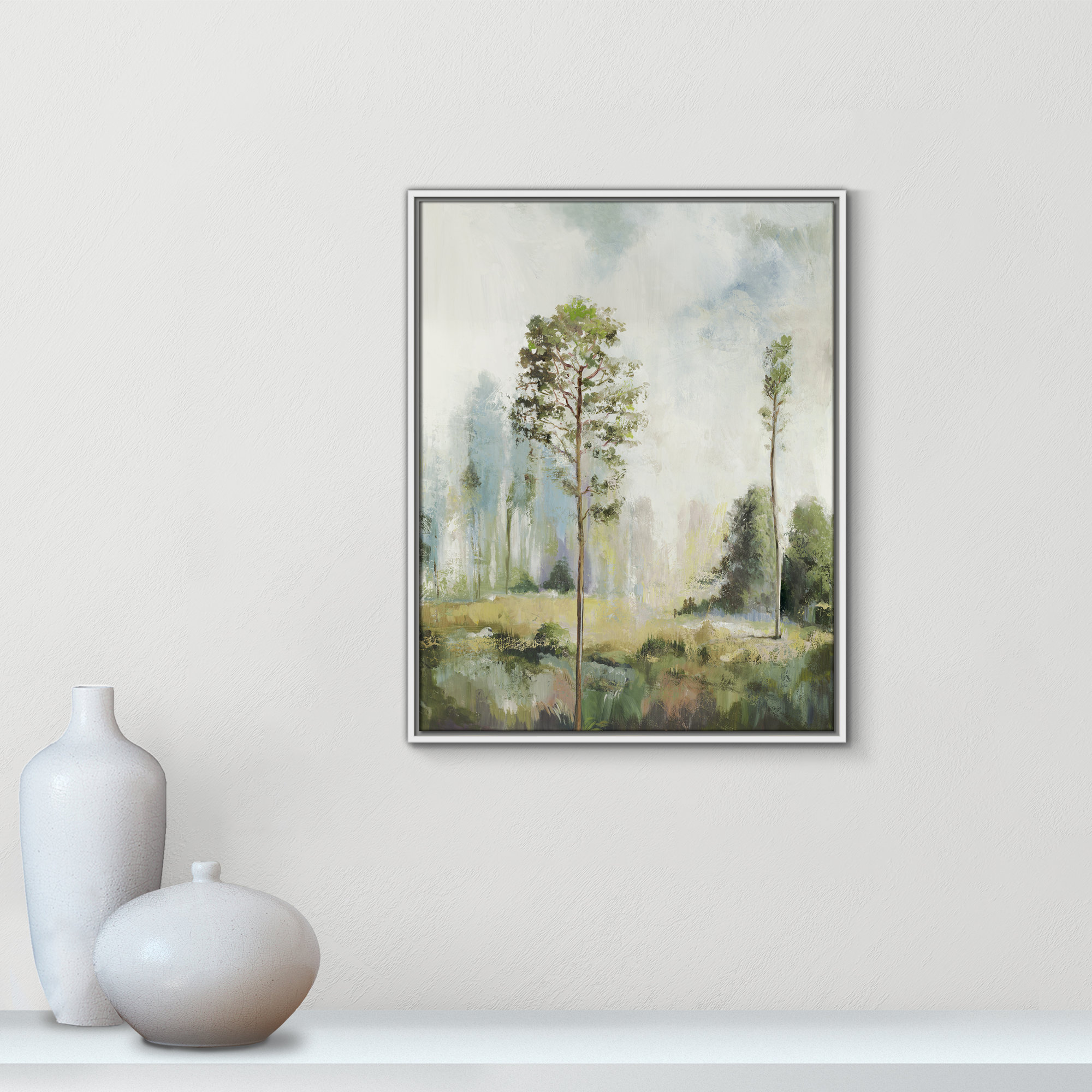 Tall Green Trees I by Teton Pearce - Floater Frame Print on Canvas, White, 29.5" H x 23.5" W