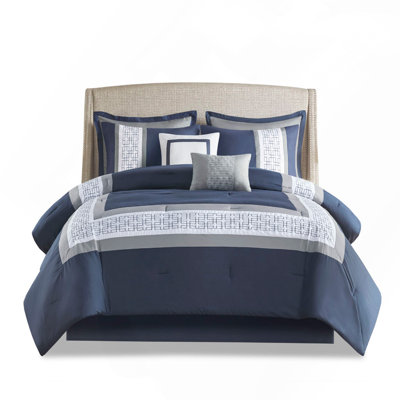8-Piece Comforter Set, Elegant Embroidered In Navy, Perfect For Sophisticated & Cozy Bedroom Decor