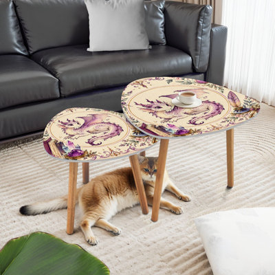 Triangle Nesting Coffee Table Set of 2 Whimsical Purple Dragon Crystals Books Vintage Elements End Table Modern Minimalist Side Table Set for Living Room Bedroom