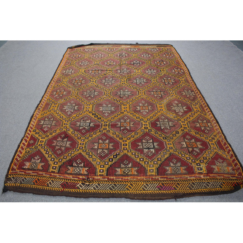Grand tapis kilim turc antique avec broderie colorée en rouge - idéal pour les espaces de salon