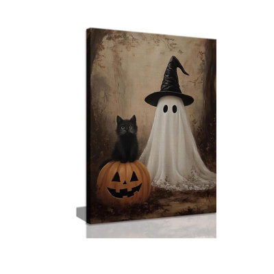 Halloween Ghost with Black Cat Canvas Wall Art 12x16 inch Vintage Halloween Wall Decor, Cute Ghost Witch Hat Art Print