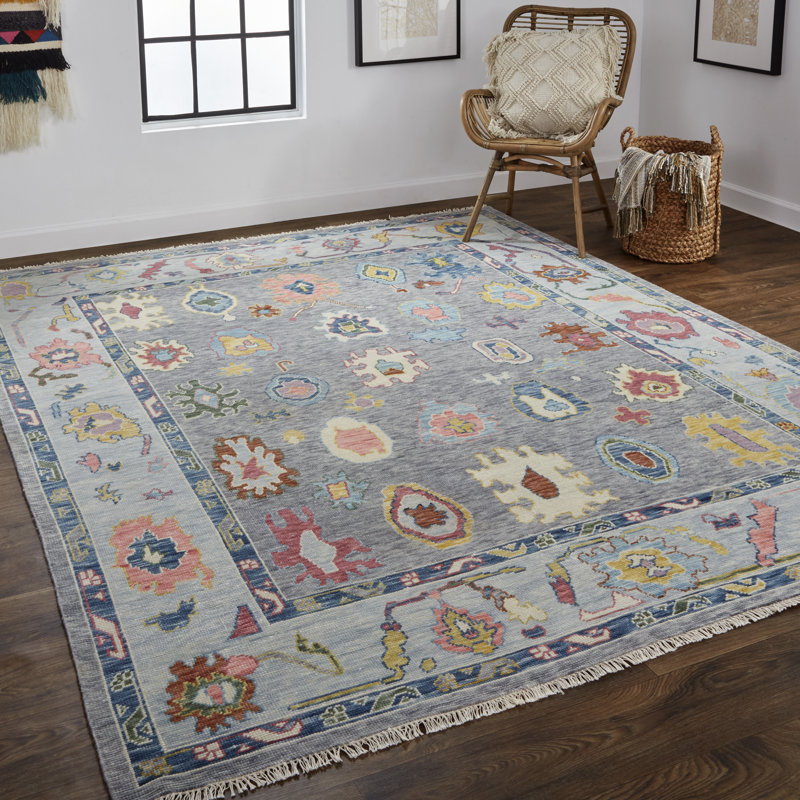 Tapis en laine Karina gris / bleu / rouille / jaune, Rectangle 5 pi 6 po x 8 pi 6 po