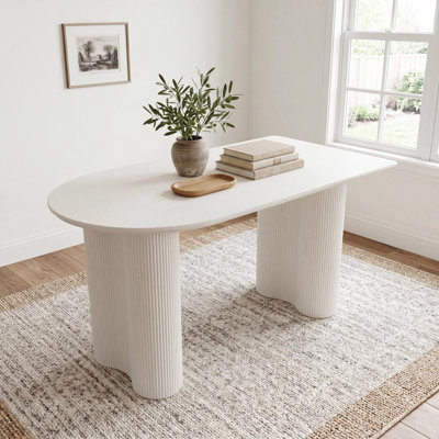 Modern 63" Cream Oval Dining Table with Fluted Wave Legs & Rounded Edges