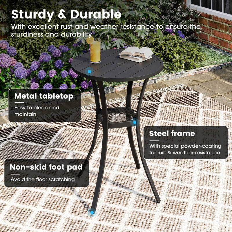 Tenesia Round Metal Outdoor Bar Table With Umbrella Hole , 27.6'' in. W 27.6'' in. D, Black