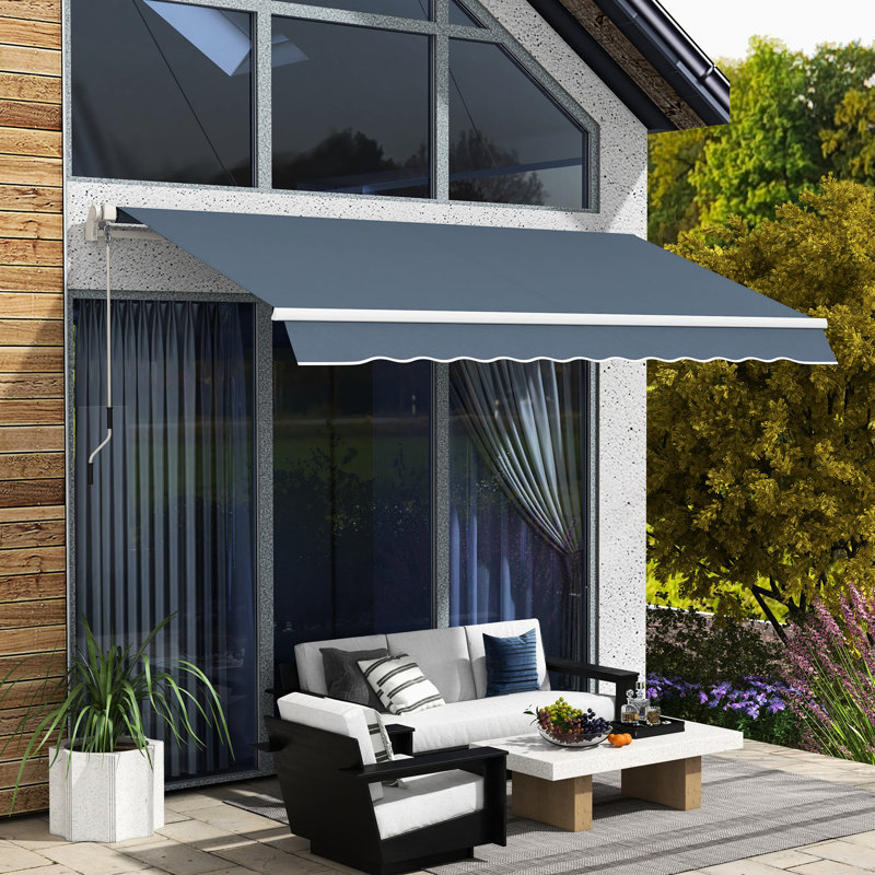 Auvent de patio rétractable 12 'x 10'. Manivelle manuelle et tissu à l'eau. Cadre en aluminium pour différentes surfaces et environnements. Gris anthracite - avec manivelle silencieuse, balcon, cour,
