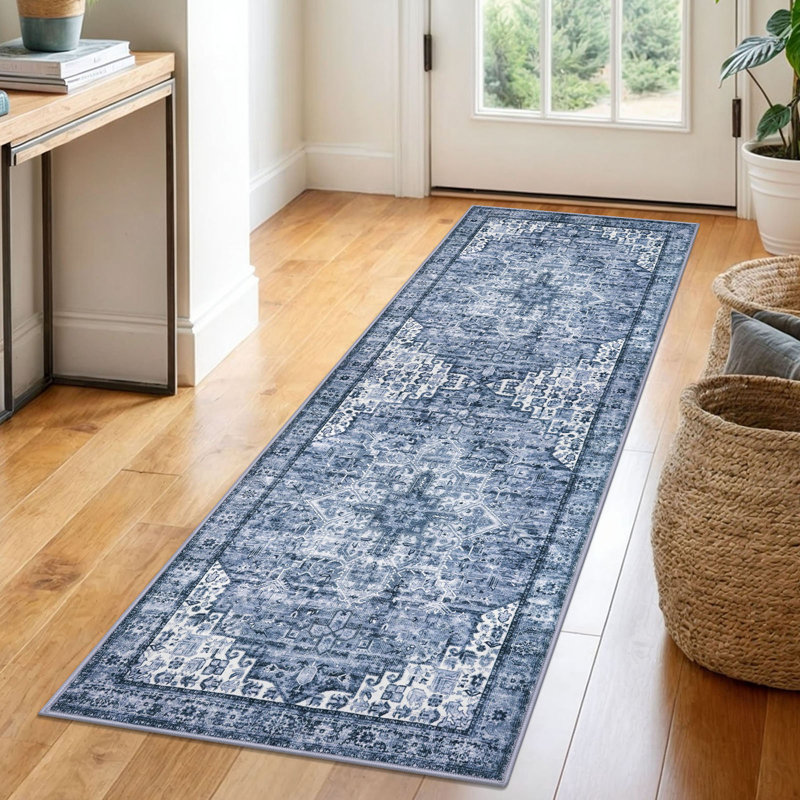 Tapis doux à imprimé médaillon avec envers antidérapant Tapis de salon bleu, Tapis de couloir 2 pi x 6 pi