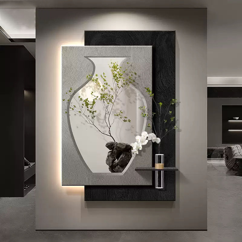 Art mural luxueux avec verdure hydroponique de luxe avec lumière - décor de vestibule, Gris / Noir