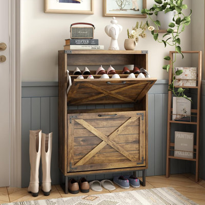Farmhouse Style Shoe Cabinet With Flip Drawers, Freestanding Entryway Organizer With Metal Corner Decoration, Space-Saving Shoe Storage Solution