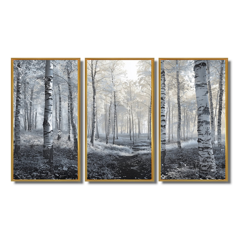 Bouleaux blancs dans la forêt d'hiver - ensemble de décorations murales paysage d'hiver, Toile encadrée flottée blanche