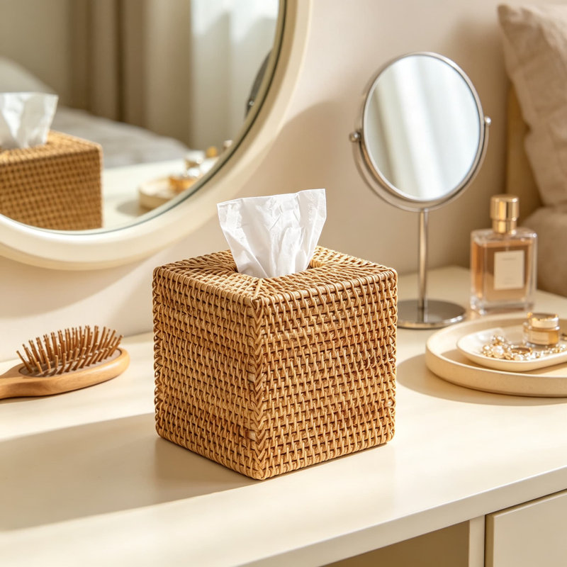 Boîte à mouchoirs carrée en rotin, porte-mouchoirs en osier tressé à la main, décoration bohème naturelle pour salle de bain, chambre, salon ou bureau