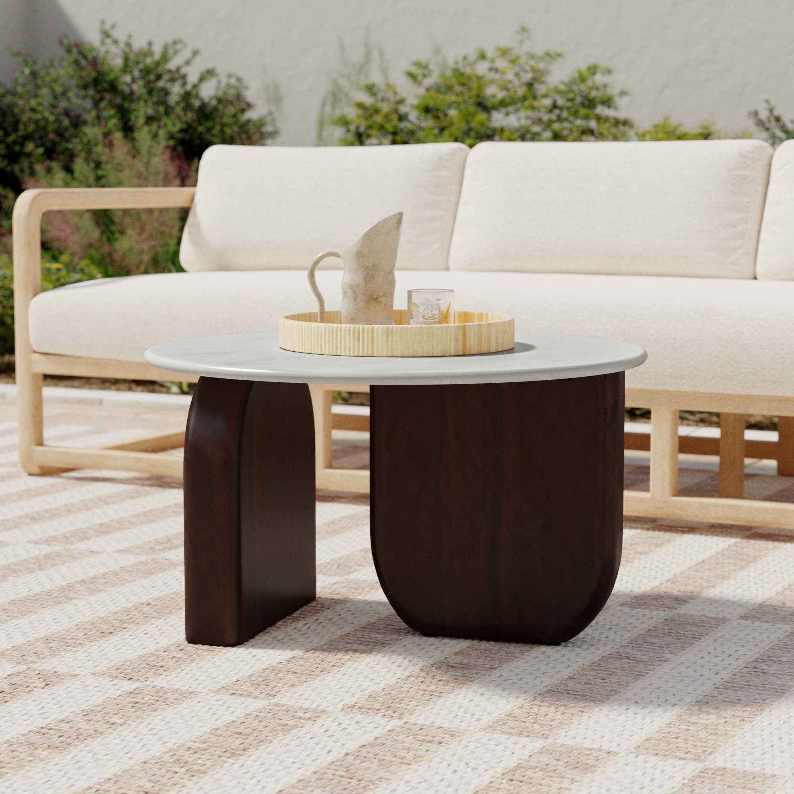 Dujon 17"H Marble/Wood Abstract Coffee Table in Walnut/White Finish with Solid and Stylish Oval Cross Frame for Modern and Contemporary Decor