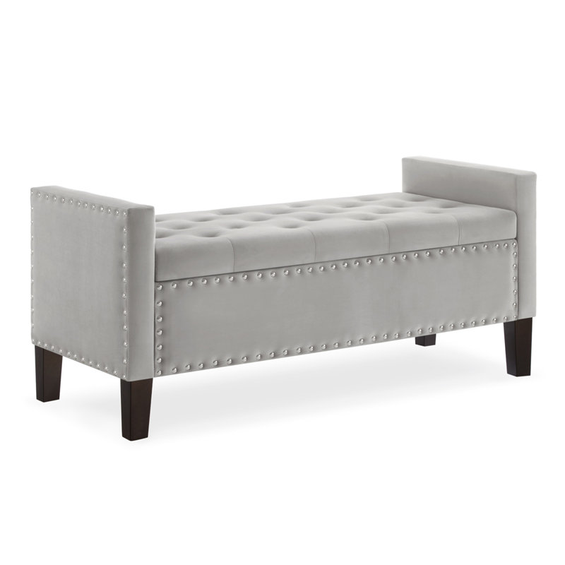Upholstered Tufted Button Storage Bench With Nails Trim,Entryway Living Room Soft Padded Seat With Armrest,Bed Bench -Navy
